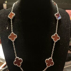 10 Red Clovers Necklace, 17 Inches, 925 Sterling Silver